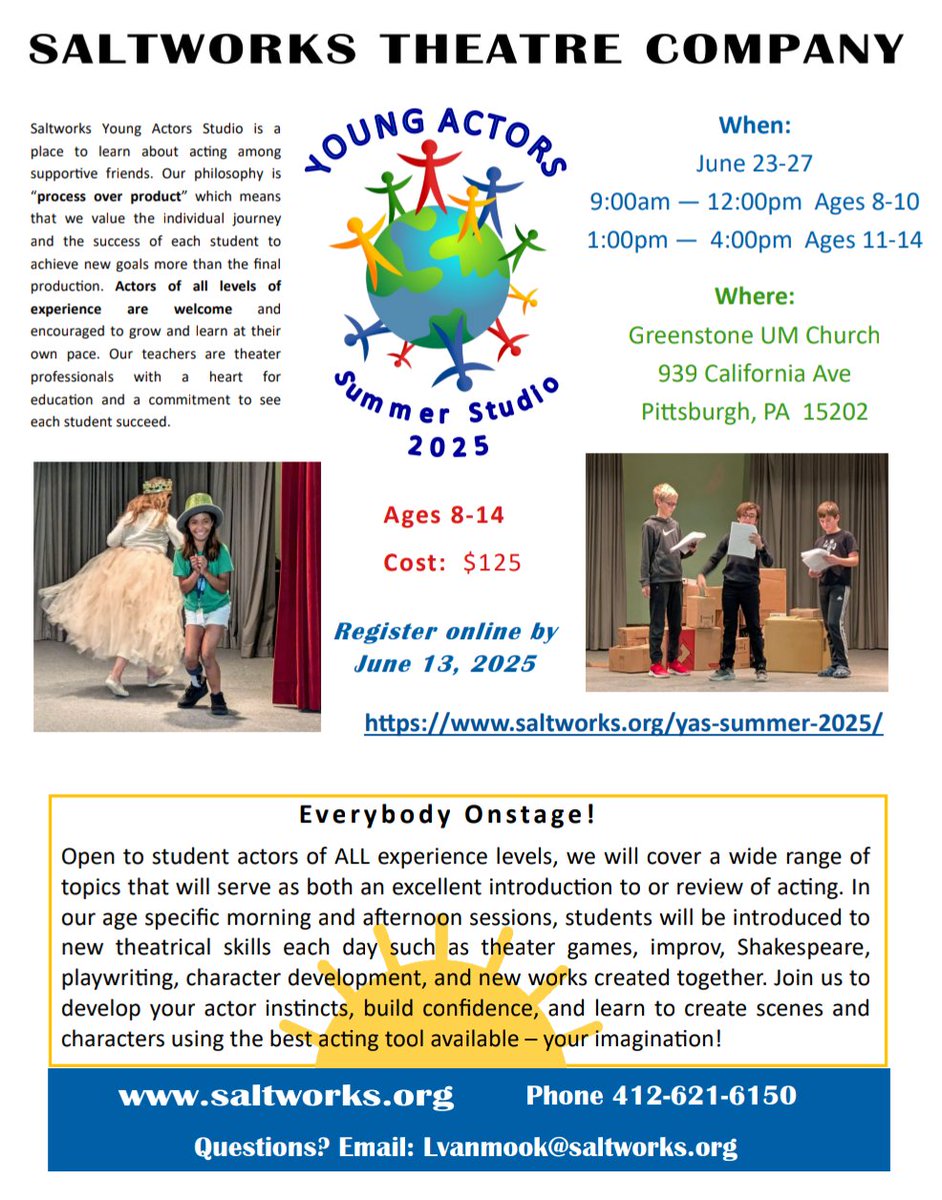 Everybody Onstage!🎭
Join us for Saltworks Young Actors Summer Studio for a week of fun, learning new theater skills, improv, and creating original characters and scenes! We welcome young actors of ALL experience levels!
saltworks.org/yas-summer-202…
 #woohooattitude