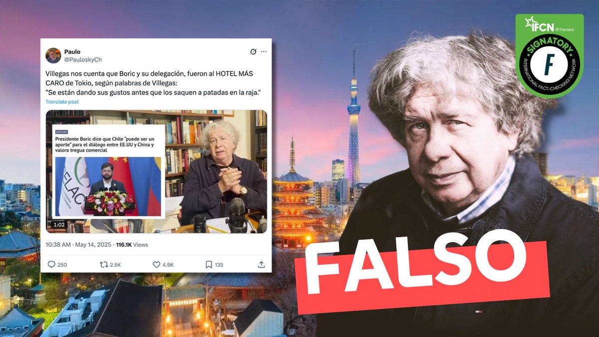🔎 #FactChecking | Luego de la gira presidencial en Asia, Fernando Villegas aseguró que el presidente Boric y su comitiva se hospedaron en el hotel más caro de Tokio.

Fast Check califica esto como ❌ #Falso. Prensa de Presidencia, sumado a reportes en medios, informaron que no