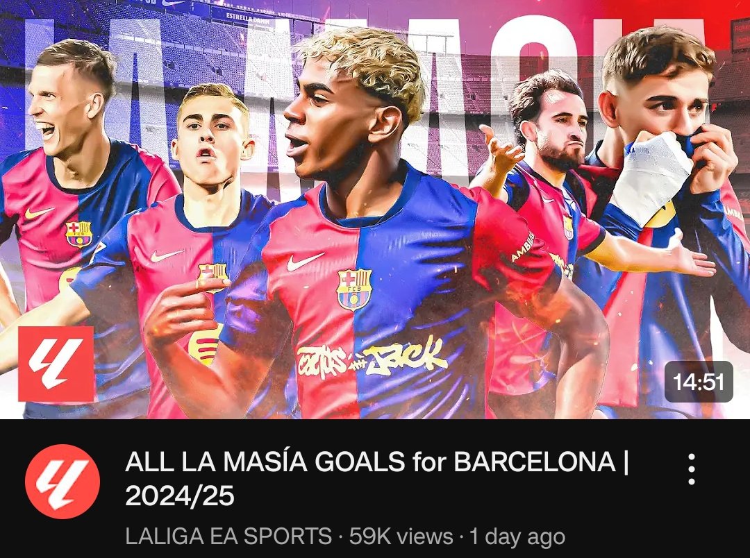 BarcaWorldwide's tweet photo. La Liga dropped a 15 minute video of goals scored this season by La Masia players only. That’s pure madness 😭 https://t.co/zlN4lGya9D