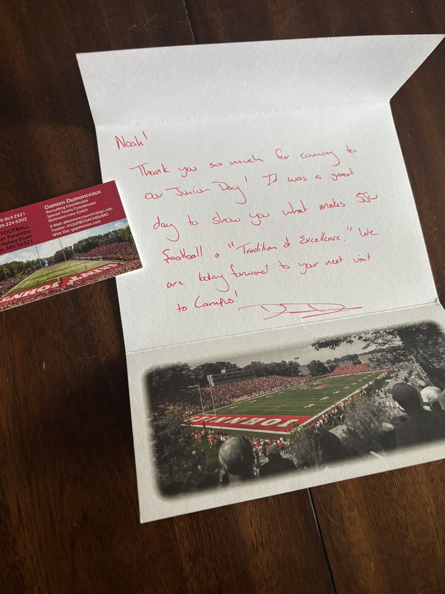 Noah Connor (@noahconnor09) on Twitter photo Thank you <a href="/SJUFBCoachDumo/">Damien Dumonceaux</a> for the mail!! looking forward to get on campus again! <a href="/SJUFootball/">Johnnie Football</a>
<a href="/WPRussek68/">Wyatt Russek</a> Thank you <a href="/SJUFBCoachDumo/">Damien Dumonceaux</a> for the mail!! looking forward to get on campus again! <a href="/SJUFootball/">Johnnie Football</a>
<a href="/WPRussek68/">Wyatt Russek</a>