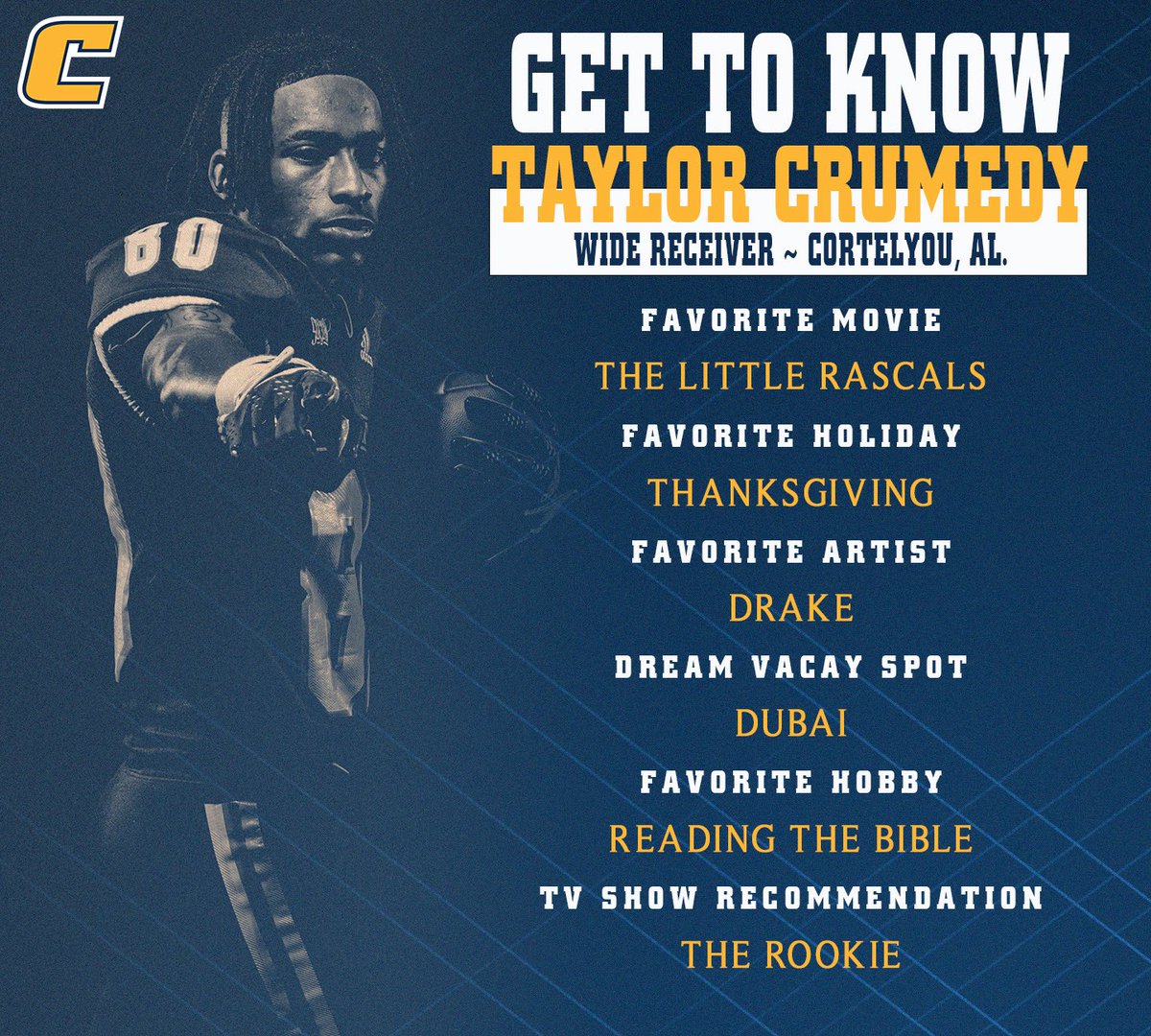 Chattanooga Football (@gomocsfb) on Twitter photo Next up, meet Taylor!!
Name: Taylor Crumedy - <a href="/YoTaylor23/">Taylor Crumedy</a>
Number: #80
Position: Wide Receiver
Hometown: Cortelyou, Alabama Next up, meet Taylor!!
Name: Taylor Crumedy - <a href="/YoTaylor23/">Taylor Crumedy</a>
Number: #80
Position: Wide Receiver
Hometown: Cortelyou, Alabama