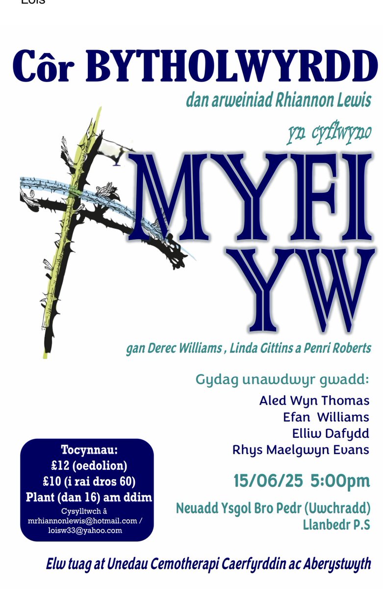 Bytholwyrdd (@bytholwyrdd) on Twitter photo Mae dyddiad ein perfformiad o MYFI YW yn agosau a’r tocynnau AR WERTH. Ry ni’n edrych ymlaen yn fawr at gael perfformio’r gwaith arbennig yma a chael cwmni unawdwyr talentog iawn - 🎶🎶 Aled Wyn Thomas, <a href="/EfanW/">Efan Williams</a> (Williams),
Elliw <a href="/AnniDafydd/">Anni Dafydd</a> a
Rhys <a href="/maelgwynevans/">Rhys Evans</a> 🎶
<a href="/Clonc360/">Clonc360</a> Mae dyddiad ein perfformiad o MYFI YW yn agosau a’r tocynnau AR WERTH. Ry ni’n edrych ymlaen yn fawr at gael perfformio’r gwaith arbennig yma a chael cwmni unawdwyr talentog iawn - 🎶🎶 Aled Wyn Thomas, <a href="/EfanW/">Efan Williams</a> (Williams),
Elliw <a href="/AnniDafydd/">Anni Dafydd</a> a
Rhys <a href="/maelgwynevans/">Rhys Evans</a> 🎶
<a href="/Clonc360/">Clonc360</a>