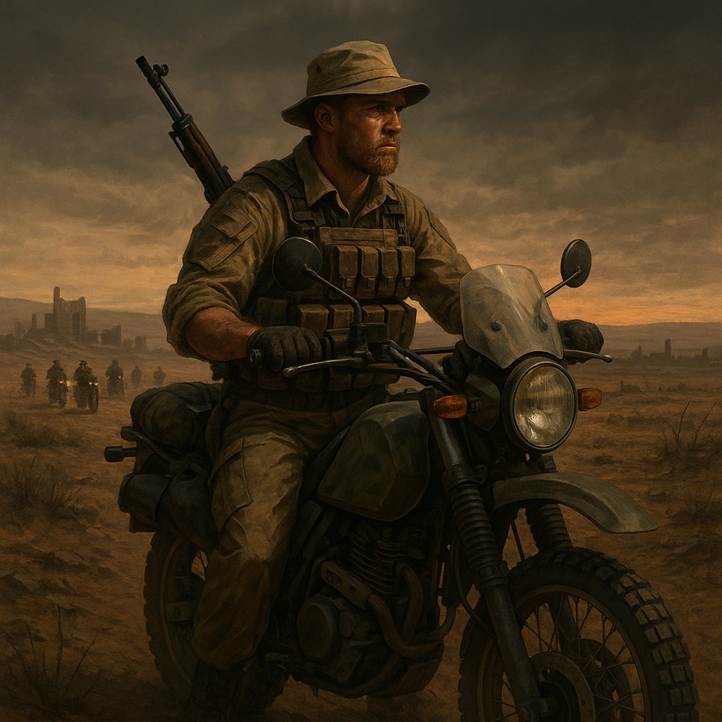Covenant Patrol

Four months worn into six I ride,
Steel and grit at my throttle’s side-
Across the lands where crops once grew,
Now ash and ruin scar the view.
Beside me roar seven loyal men,
Engines growling through dust again,
Our eyes sharp on the blood-wind’s edge,
Our