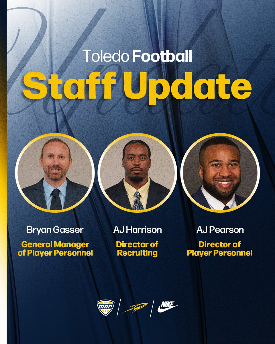 Toledo Football (@toledofb) on Twitter photo Congrats to <a href="/CoachBGasser/">Bryan Gasser</a>, <a href="/aj_harrisonjr/">AJ Harrison</a> and <a href="/AJPearson_IV/">AJ Pearson</a> for their new roles in the program!
📰tinyurl.com/c9bjhdfj
#TeamToledo Congrats to <a href="/CoachBGasser/">Bryan Gasser</a>, <a href="/aj_harrisonjr/">AJ Harrison</a> and <a href="/AJPearson_IV/">AJ Pearson</a> for their new roles in the program!
📰tinyurl.com/c9bjhdfj
#TeamToledo