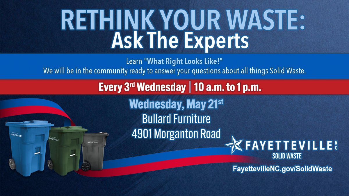 Come out and see us!  Solid Waste experts will be on site to answer any questions you may have about Solid Waste services AND we will have brown rollout carts on site for purchase!  
*Cash AND Credit Card payments will be accepted at this event.