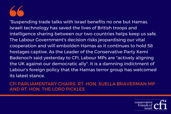 CFoI (@cfoi) on Twitter photo Statement from CFI Parliamentary Chairs <a href="/SuellaBraverman/">Suella Braverman MP</a> and <a href="/EricPickles/">Lord (Eric) Pickles</a>: "Suspending trade talks with Israel benefits no one but Hamas... the Labour Government's decision risks jeopardising our vital cooperation and will embolden Hamas as it continues to hold 58 hostages"⬇️ Statement from CFI Parliamentary Chairs <a href="/SuellaBraverman/">Suella Braverman MP</a> and <a href="/EricPickles/">Lord (Eric) Pickles</a>: "Suspending trade talks with Israel benefits no one but Hamas... the Labour Government's decision risks jeopardising our vital cooperation and will embolden Hamas as it continues to hold 58 hostages"⬇️