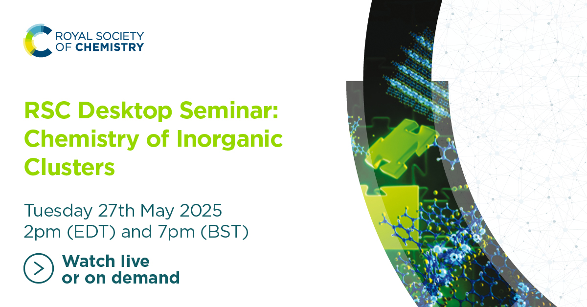 Michael Hurst (@chemhurst) on Twitter photo Join us next Tuesday May 27 for a Desktop Seminar on the Chemistry of Inorganic Clusters! Featuring talks and live Q&A from Stephen Ragsdale (UMich) and Patrick Holland (Yale) <a href="/patholland_0/">Pat Holland</a> , this is one you don't want to miss!
Register and read more: rsc.zoom.us/webinar/regist… Join us next Tuesday May 27 for a Desktop Seminar on the Chemistry of Inorganic Clusters! Featuring talks and live Q&A from Stephen Ragsdale (UMich) and Patrick Holland (Yale) <a href="/patholland_0/">Pat Holland</a> , this is one you don't want to miss!
Register and read more: rsc.zoom.us/webinar/regist…