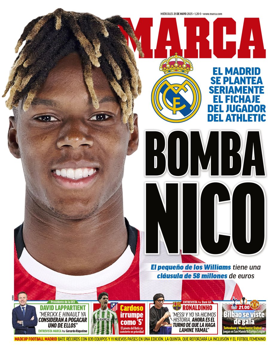 marca's tweet photo. 💣💥 #LaPortada BOMBA NICO 💣💥
🚨 El Madrid se plantea seriamente el fichaje del jugador del Athletic 🗞️ https://t.co/Omdep3oLXX