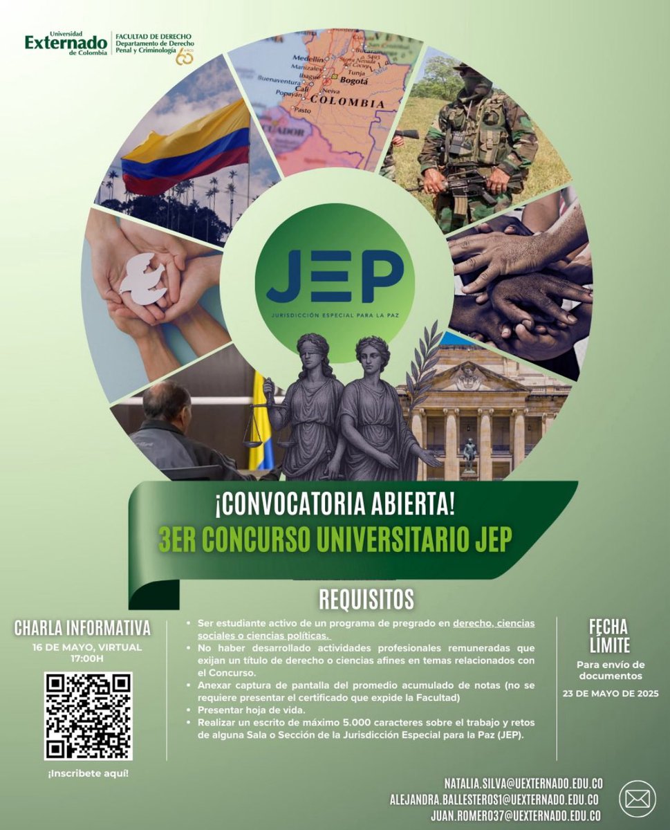 Departamento de Derecho Penal y Criminología UEC (@derechopenaluec) on Twitter photo 📢 ¡Últimos días para postularte al 3er Concurso Universitario JEP!
Si estudias derecho, sociología, psicología, antropología o afines, esta es tu oportunidad.
📩 Convocatoria abierta hasta el 23 de mayo
<a href="/UExternado/">U.Externado</a> 📢 ¡Últimos días para postularte al 3er Concurso Universitario JEP!
Si estudias derecho, sociología, psicología, antropología o afines, esta es tu oportunidad.
📩 Convocatoria abierta hasta el 23 de mayo
<a href="/UExternado/">U.Externado</a>