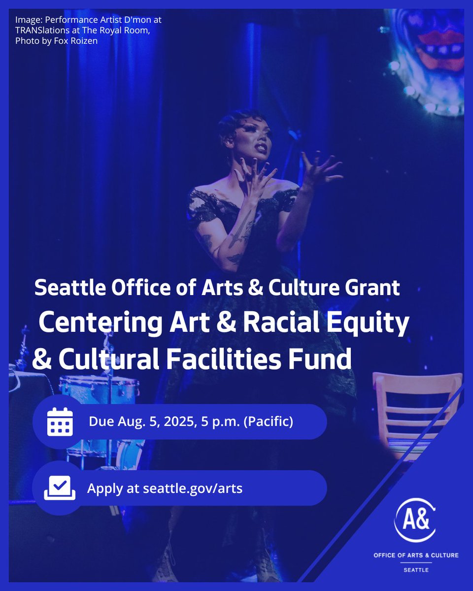 Calling arts and cultural orgs📣

Applications are open for the Centering Art &amp; Racial Equity Grant and the Cultural Facilities Fund! To streamline the application for orgs interested in applying to both, the grants share the same application.

Learn more: seattle.gov/arts/opportuni…