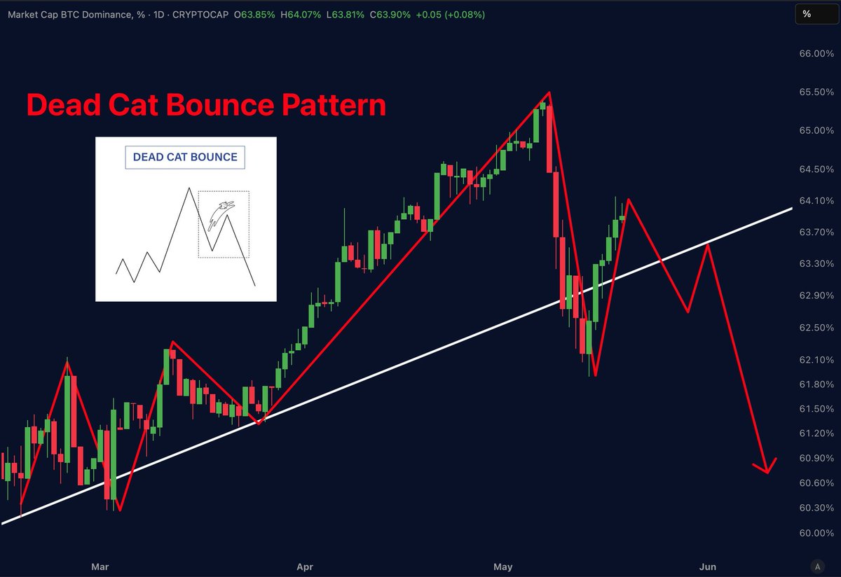 AceAltcoins's tweet photo. $BTC.D is forming a textbook Dead Cat Bounce — don’t be fooled by the short-term strength. Once it breaks down, the ALTSEASON engine will roar to life. Get ready. #BTC #Altseason #Crypto #BitcoinDominance #DeadCatBounce #CryptoTrading https://t.co/vGLcgMlb0L