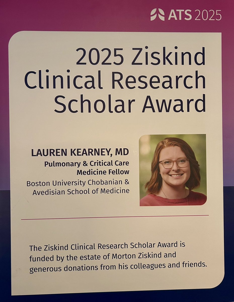 Ann L. Jennerich, MD MS ATSF (@aclong111) on Twitter photo Congratulations to our #ATS2025 Ziskind Clinical Research Scholar Award winner,
Lauren Kearney <a href="/BUMedicine/">Boston U Chobanian & Avedisian School of Medicine</a>! Congratulations to our #ATS2025 Ziskind Clinical Research Scholar Award winner,
Lauren Kearney <a href="/BUMedicine/">Boston U Chobanian & Avedisian School of Medicine</a>!