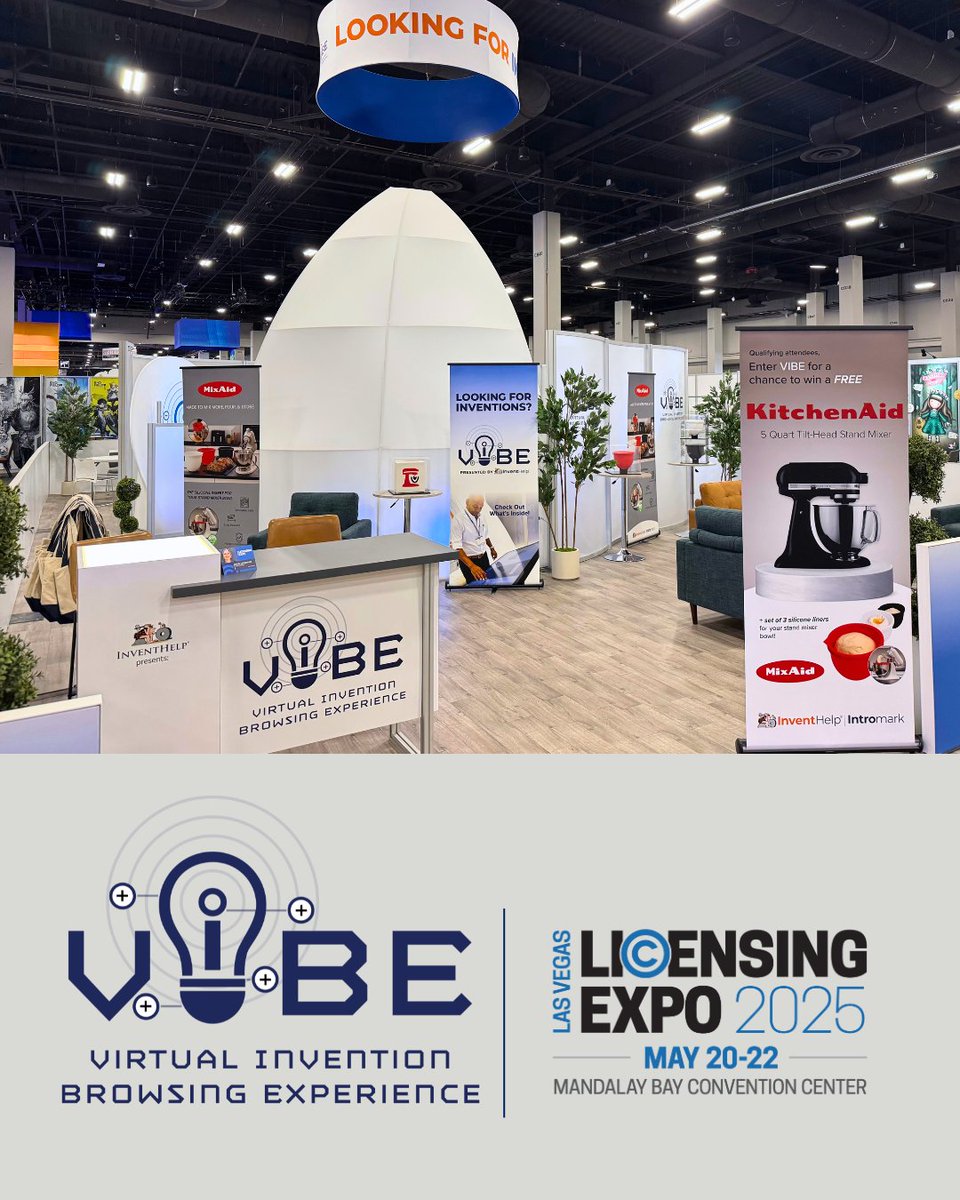 The Virtual Invention Browsing Experience is on at Licensing Expo 2025! Qualified attendees who enter VIBE at booth S226 will be entered for a chance to win a KitchenAid stand mixer and a set of MixAid silicone inserts for your stand mixer bowl. #Inventions #InventHelp