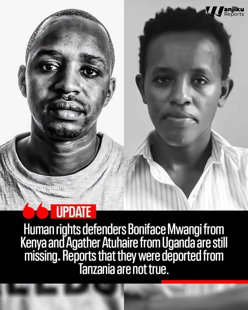 Wanjiku Reports (@wanjikureports) on Twitter photo Human rights defenders Boniface Mwangi <a href="/bonifacemwangi/">The People’s Watchman</a> from Kenya and Agather Atuhaire <a href="/AAgather/">Agather Atuhaire</a> from Uganda are still missing. Reports that they were deported from Tanzania are not true.
#FreeBonifaceMwangi #FreeAgatherAtuhaire Human rights defenders Boniface Mwangi <a href="/bonifacemwangi/">The People’s Watchman</a> from Kenya and Agather Atuhaire <a href="/AAgather/">Agather Atuhaire</a> from Uganda are still missing. Reports that they were deported from Tanzania are not true.
#FreeBonifaceMwangi #FreeAgatherAtuhaire