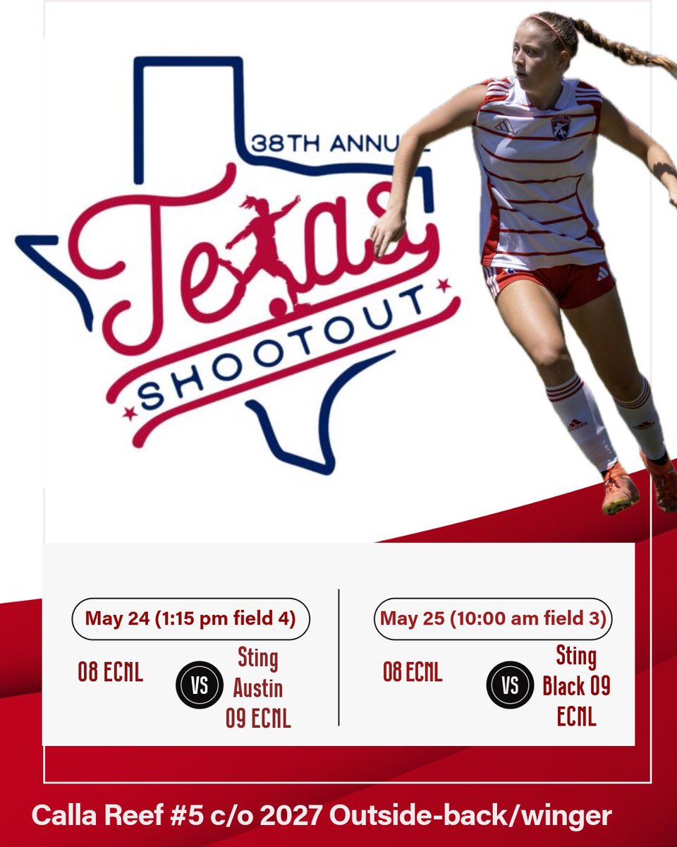 Calla Reef (@callareef5) on Twitter photo Heading to Round Rock This weekend for the Texas shootout! I will be at the ID clinic Saturday morning and I hope to see you there!!🔥🔥
<a href="/Challenge08ECNL/">Challenge G08 ECNL (U17)</a> <a href="/ChallengeSoccer/">Challenge Soccer Club</a> <a href="/PrepSoccerTX/">Prep Soccer Texas</a> <a href="/ImYouthSoccer/">ECNL/GA/Recruiting/College Soccer</a> <a href="/ImCollegeSoccer/">College Soccer Truth ™</a> <a href="/TopDrawerSoccer/">TopDrawerSoccer</a> <a href="/TopPreps/">College Coaches / Scouts / College Recruiters</a> Heading to Round Rock This weekend for the Texas shootout! I will be at the ID clinic Saturday morning and I hope to see you there!!🔥🔥
<a href="/Challenge08ECNL/">Challenge G08 ECNL (U17)</a> <a href="/ChallengeSoccer/">Challenge Soccer Club</a> <a href="/PrepSoccerTX/">Prep Soccer Texas</a> <a href="/ImYouthSoccer/">ECNL/GA/Recruiting/College Soccer</a> <a href="/ImCollegeSoccer/">College Soccer Truth ™</a> <a href="/TopDrawerSoccer/">TopDrawerSoccer</a> <a href="/TopPreps/">College Coaches / Scouts / College Recruiters</a>