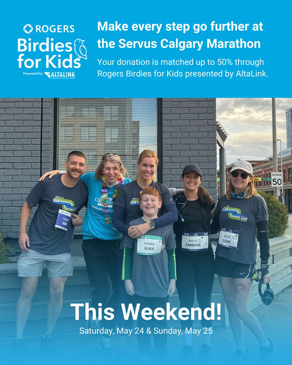 It's officially race week! 🏃🏼‍♀️Help us reach our goal by making a donation today ➡️ buff.ly/gGiu2d0 

Donations from March 1 to Aug 31 are matched up to 50% through Roger’s Birdies for Kids presented by Altalink, making your impact go further.

#calgarymarathon#runforacause