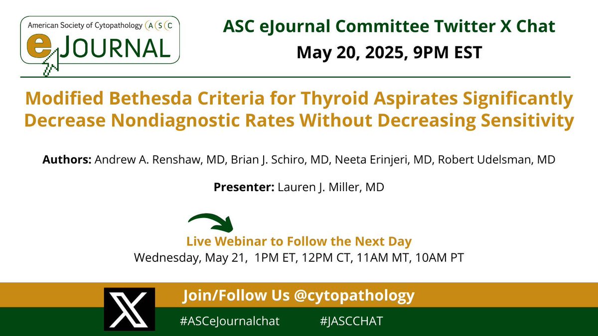Join us for the ejournal live Twitter/X chat tonight at 9 pm ET, followed by a live webinar tomorrow, May 21  at 1 pm ET.
Register for the free webinar - buff.ly/6OKPA1w 
#cytopathology #cyto #cytopath