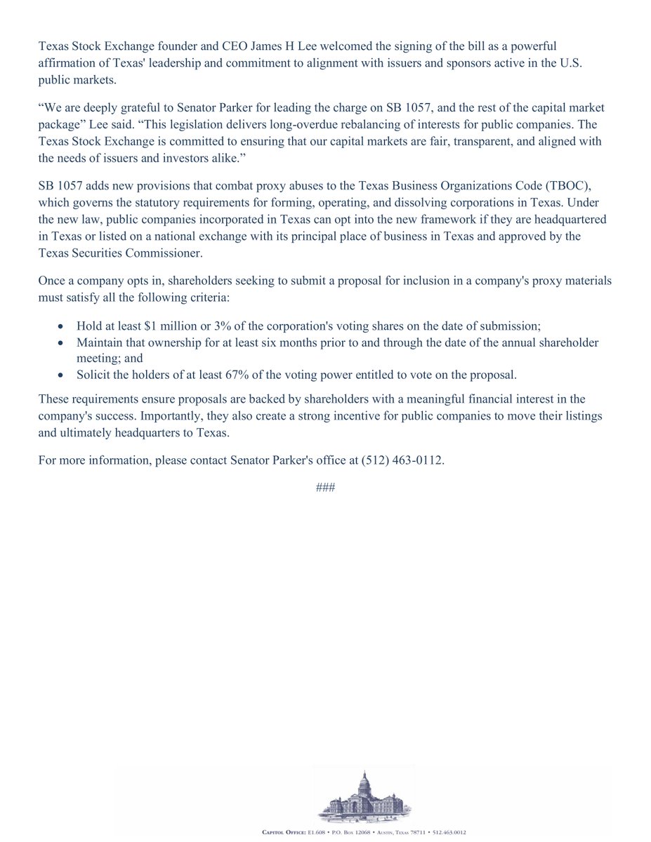 Senator Tan Parker (@tanparkertx) on Twitter photo Gov. <a href="/GregAbbott_TX/">Greg Abbott</a> signed my legislation SB 1057 into law. This strengthens Texas’ position as a leader in business formation and capital markets. Texas is taking decisive action to protect innovation and promote responsible corporate governance. #txlege
bit.ly/4kulgL4 Gov. <a href="/GregAbbott_TX/">Greg Abbott</a> signed my legislation SB 1057 into law. This strengthens Texas’ position as a leader in business formation and capital markets. Texas is taking decisive action to protect innovation and promote responsible corporate governance. #txlege
bit.ly/4kulgL4