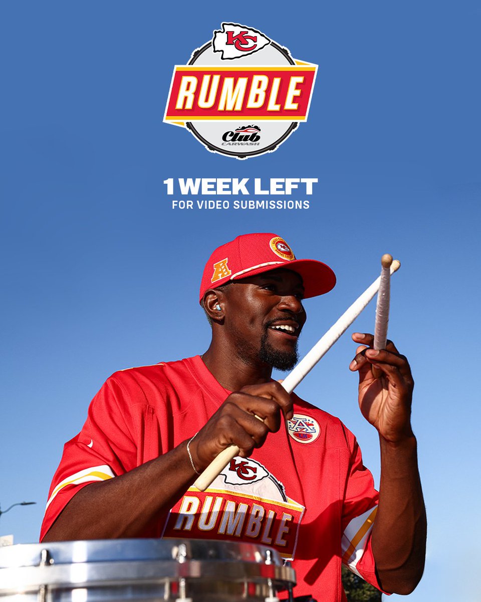 Kansas City Chiefs (@chiefs) on Twitter photo Think you've got the rhythm for Rumble? π₯
Thereβs only one week left to submit your video audition to join our drumline! chfs.me/rumble Think you've got the rhythm for Rumble? π₯
Thereβs only one week left to submit your video audition to join our drumline! chfs.me/rumble