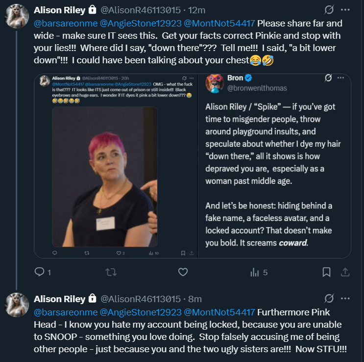 barsareonme's tweet photo. @MontNot54417 @AngieStone12923 @AlisonR46113015 alison you forgot. whats this misgendering all about @bronwenlthomas po with your foolish lies, and face like a lobster https://t.co/mTvn4zLUkP