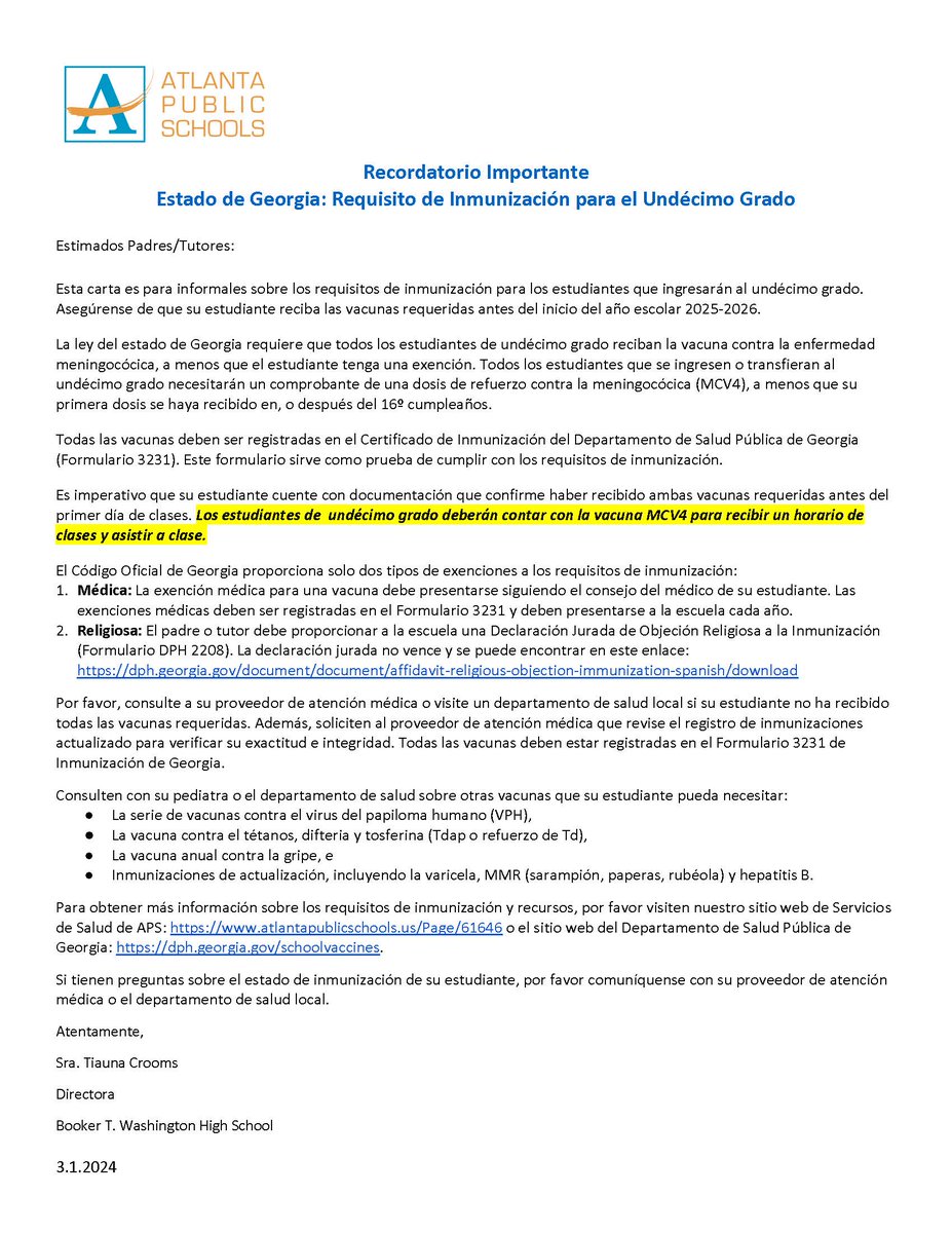 🚨 Attention Parents/Guardians of Rising 11th Graders! 📷Ensure your student is up to date on immunizations before the Next school year! Georgia law requires the meningococcal booster (MCV4) unless the first dose was given after age 16. 📷