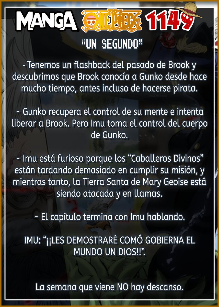 GSPLeaks's tweet photo. 🔷BREVE #SPOILER DEL CAPITULO DE #ONEPIECE 1149.
🔶Capítulo 1149: “UN SEGUNDO”.
#ONEPIECE1149 #SCOPPERGABAN #BROOK #GUNKO #IMU #MaryGeoise https://t.co/pPzTHrc1Vz