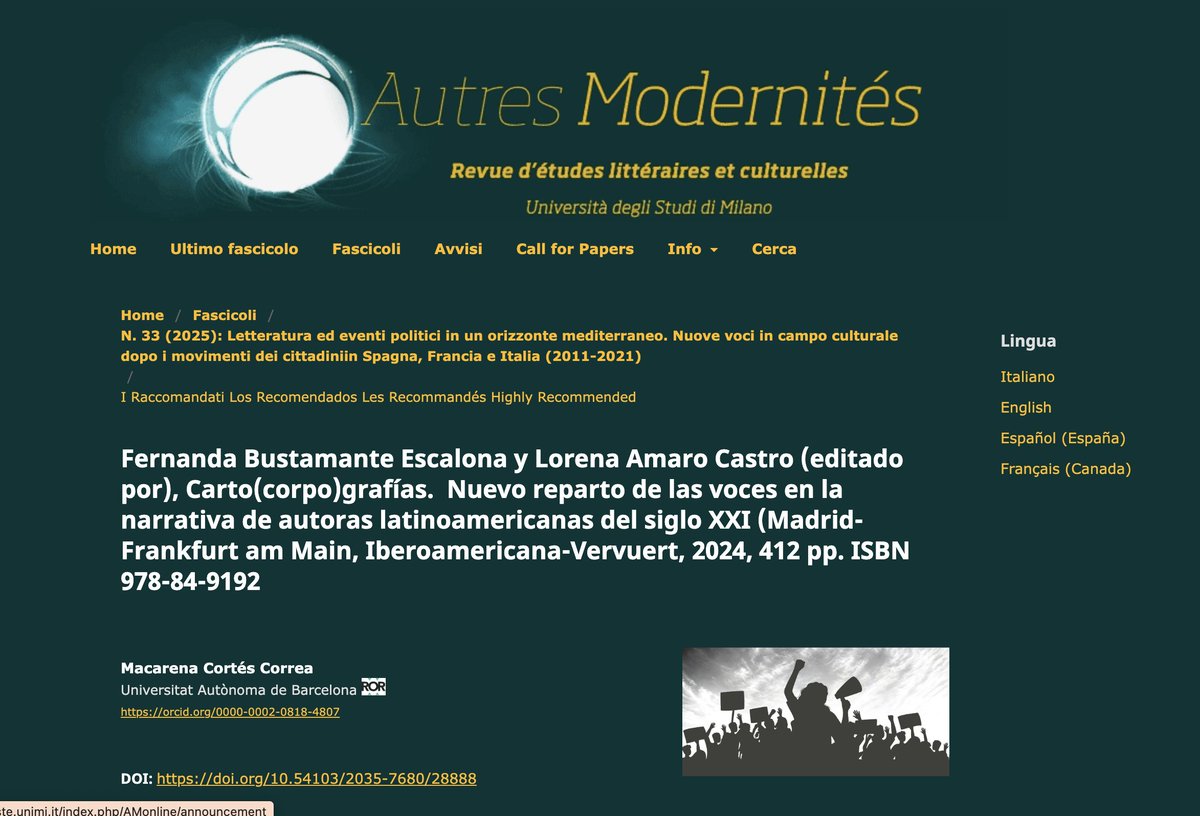 ¡Ha salido reseña! Aquí un nuevo texto sobre el libro Carto(corpo)grafías, que editamos con Fernanda Bustamante y en que participan numerosas colegas y amigas. Escribe Macarena Cortés: riviste.unimi.it/index.php/AMon…