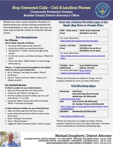 DABoulder20th's tweet image. Reduce unwanted calls and exposure to possible scams with these helpful tips from our DA Community Protection Team!

#scammers #safety