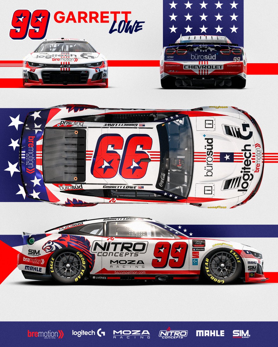 A transatlantic statement 🌍🦓

The #99 BS+BREMOTION Chevrolet driven by Garrett Lowe debuts its special 🇺🇸 look tonight in the eNASCAR Coca-Cola iRacing Series.

But first: catch our UNCHARTED doc on the NASCAR Euro Series from 1:13 AM CEST – then it's race time. Links below...