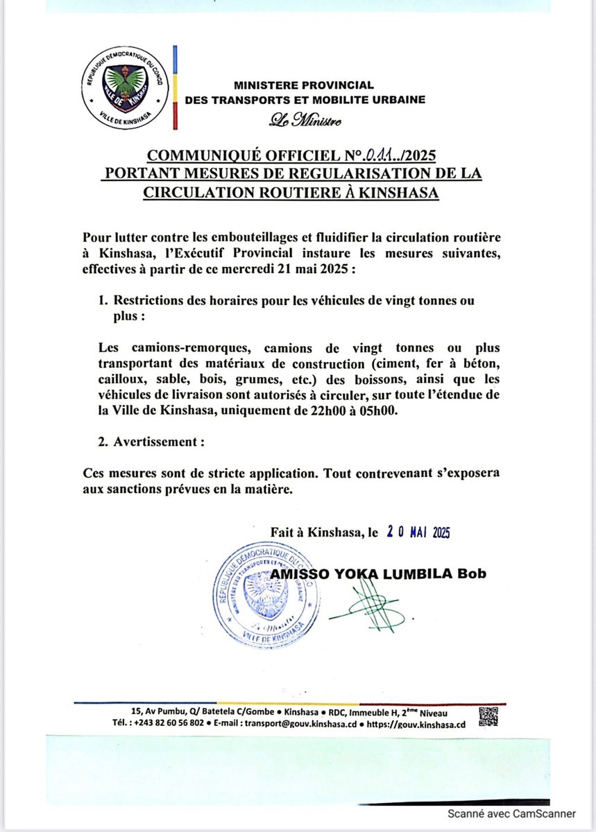 Ministère des transports/ Kinshasa (@mintranskin) on Twitter photo Kinshasa : Lutte contre les embouteillages et amélioration de la fluidité routière
L’Exécutif Provincial, par le biais du Ministère Provincial des Transports et Mobilité Urbaine, vient d’instaurer de nouvelles mesures restrictives concernant la circulation des poids lourds. Kinshasa : Lutte contre les embouteillages et amélioration de la fluidité routière
L’Exécutif Provincial, par le biais du Ministère Provincial des Transports et Mobilité Urbaine, vient d’instaurer de nouvelles mesures restrictives concernant la circulation des poids lourds.