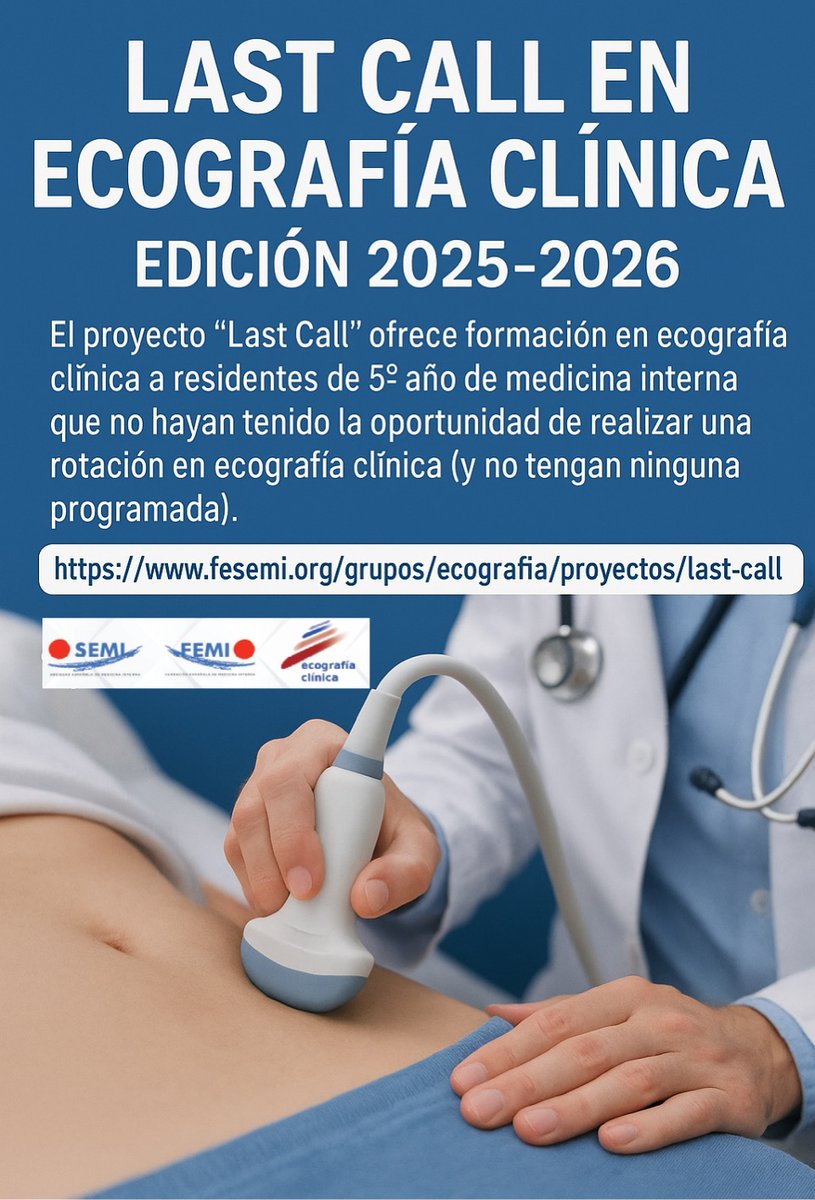 GT Ecografía SEMI (@gtecosemi) on Twitter photo 📢 Proyecto "LAST CALL" del <a href="/GTECOSEMI/">GT Ecografía SEMI</a> para residentes de 5º año
✅ ¿Eres R5?
✅ ¿No has rotado en Ecografía Clínica ni tienes previsto hacerlo?
✅ ¿Te gustaría hacerlo antes de acabar la residencia?
Si cumples 3/3… ¡este proyecto es para ti!
🔗fesemi.org/grupos/ecograf… 📢 Proyecto "LAST CALL" del <a href="/GTECOSEMI/">GT Ecografía SEMI</a> para residentes de 5º año
✅ ¿Eres R5?
✅ ¿No has rotado en Ecografía Clínica ni tienes previsto hacerlo?
✅ ¿Te gustaría hacerlo antes de acabar la residencia?
Si cumples 3/3… ¡este proyecto es para ti!
🔗fesemi.org/grupos/ecograf…