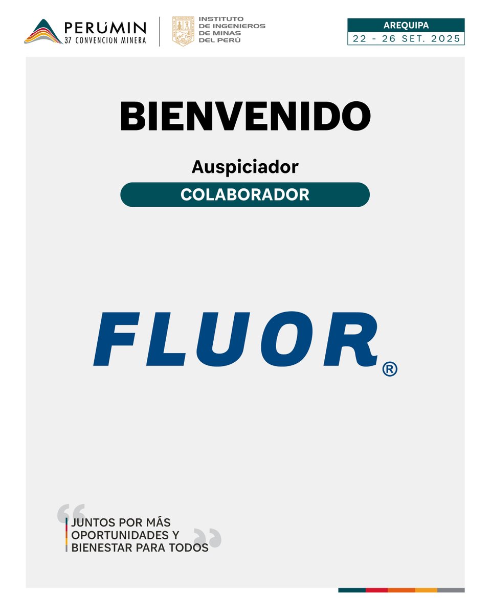 PERUMIN (@peruminoficial) on Twitter photo #PERUMIN37 | Damos la bienvenida a Fluor Corporation como auspiciador categoría Colaborador. Si deseas que tu empresa forme parte comunícate con:
📌Correo: auspicios@iimp.org.pe
📌WhatsApp: wa.me/51982097059 #PERUMIN37 | Damos la bienvenida a Fluor Corporation como auspiciador categoría Colaborador. Si deseas que tu empresa forme parte comunícate con:
📌Correo: auspicios@iimp.org.pe
📌WhatsApp: wa.me/51982097059