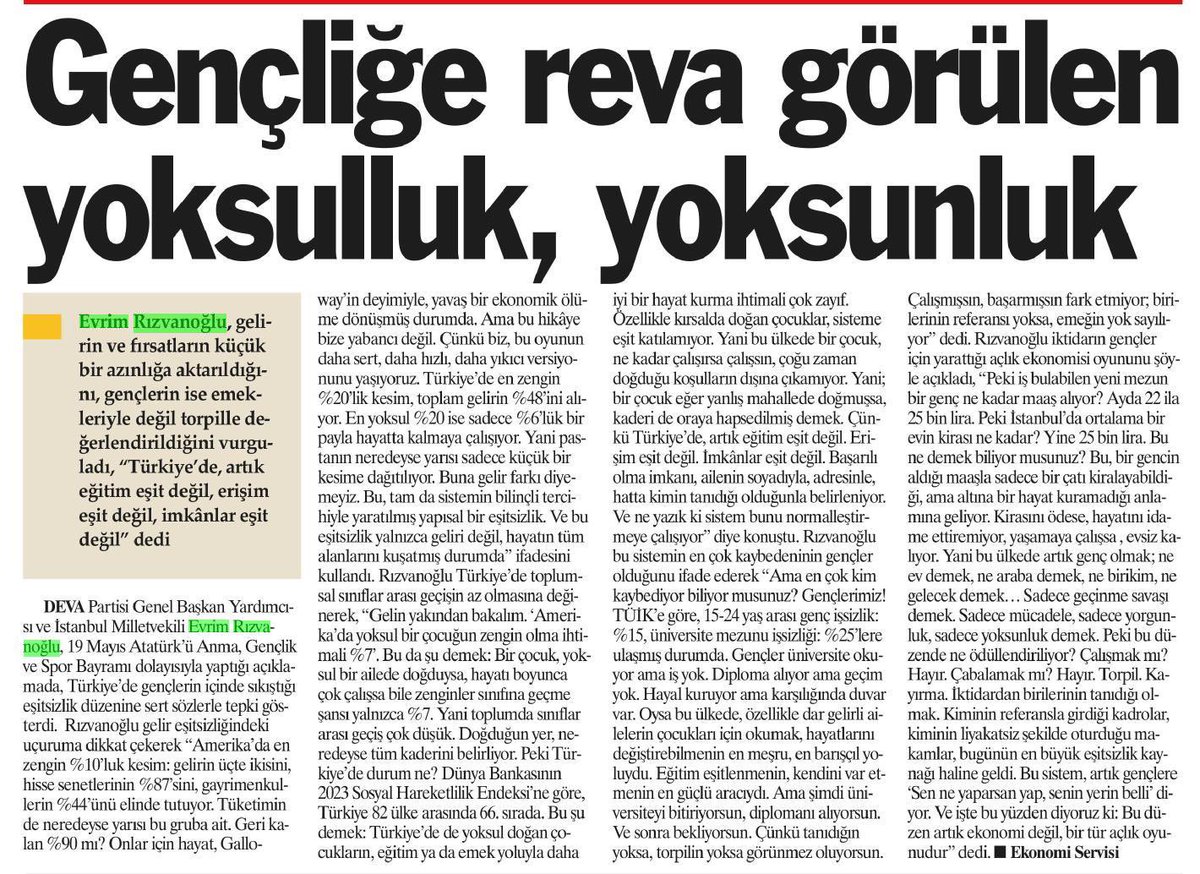 Gençlerimiz; düşük ücretlere, torpilli kadrolara, hayalsizliğe sıkışmış durumda.

Bu tabloya “Açlık Oyunu Ekonomisi” deniyor:
Sistemin, zengin çocuklarını zirveye taşırken; emek veren milyonları yoksunluğa mahkûm ettiği bir düzen.

Ve bu düzenden en çok gençler etkileniyor.

Bu
