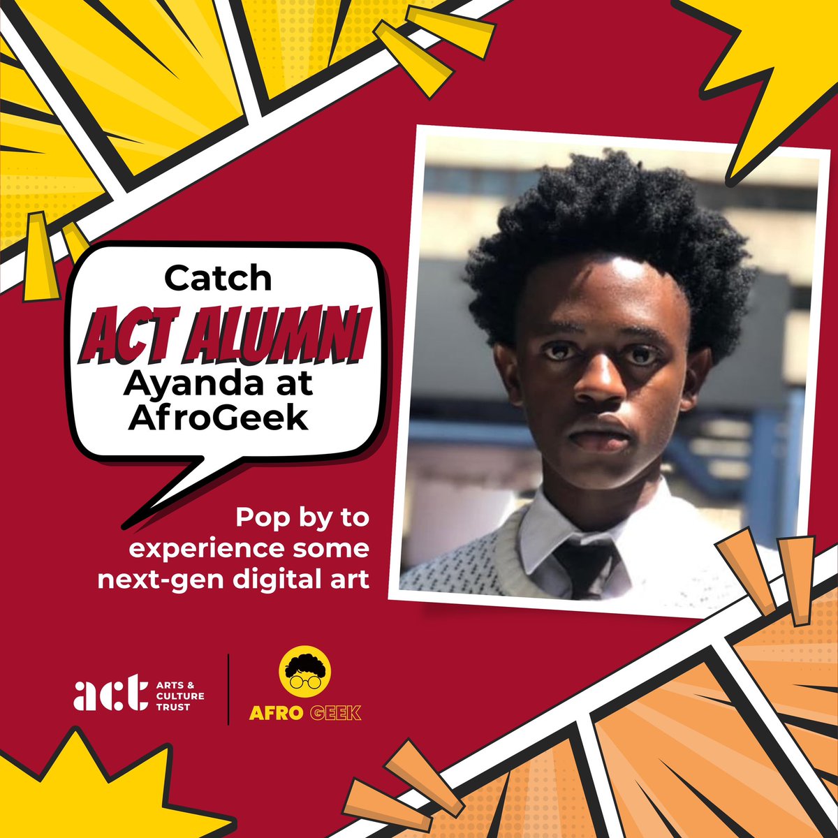 actorgza's tweet photo. Talent Alert ๐จ
We are super GEEKED to announce that AYANDA DUBE, our Nyoloha alumni, is taking part in the AfroGeek Festival 2025! ๐ฅ๐พ
#actalumni #ACTSAtalent #Nyoloha #ACTstrat #Sharingiscaring #AfroGeek #GeekCulture #Animation https://t.co/TTv59pvqXi
