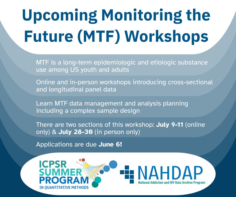 Make sure to sign up for our workshops through the ICPSR Summer Program to learn how to use Monitoring the Future data!
Online --&gt; myumi.ch/n11Qb
In Person --&gt; myumi.ch/NrrqG