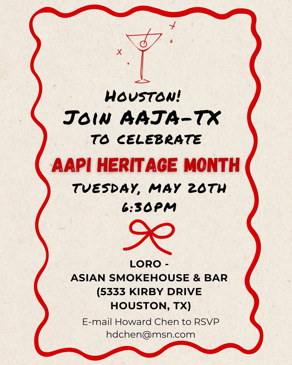 AAJA Texas (@aajatexas) on Twitter photo HOUSTON! TUESDAY HAPPY HOUR FOR #AAPI HERITAGE MONTH LEGGOOOOO 👏😎
📍Loro, 5333 Kirby Dr, Houston, TX
🕢 Starts 6:30pm CST
📧 E-mail RSVP’s to Howard Chen hdchen@msn.com or just text him
🙂 See y’all there!!
#AAPI #aapiheritagemonth #Houston #AAJA HOUSTON! TUESDAY HAPPY HOUR FOR #AAPI HERITAGE MONTH LEGGOOOOO 👏😎
📍Loro, 5333 Kirby Dr, Houston, TX
🕢 Starts 6:30pm CST
📧 E-mail RSVP’s to Howard Chen hdchen@msn.com or just text him
🙂 See y’all there!!
#AAPI #aapiheritagemonth #Houston #AAJA