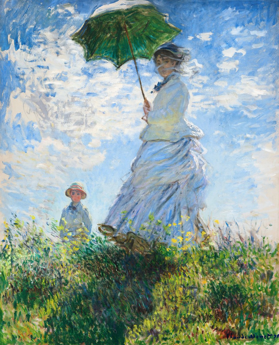 Claude Monet’s "Woman with a Parasol" (1875) captures a breezy stroll with his wife Camille and their son Jean. The wind lifts her skirt, the sky swirls with motion. Completed in a single outdoor session, this is a celebration of color and light, filled with love. 
#Art #Painting