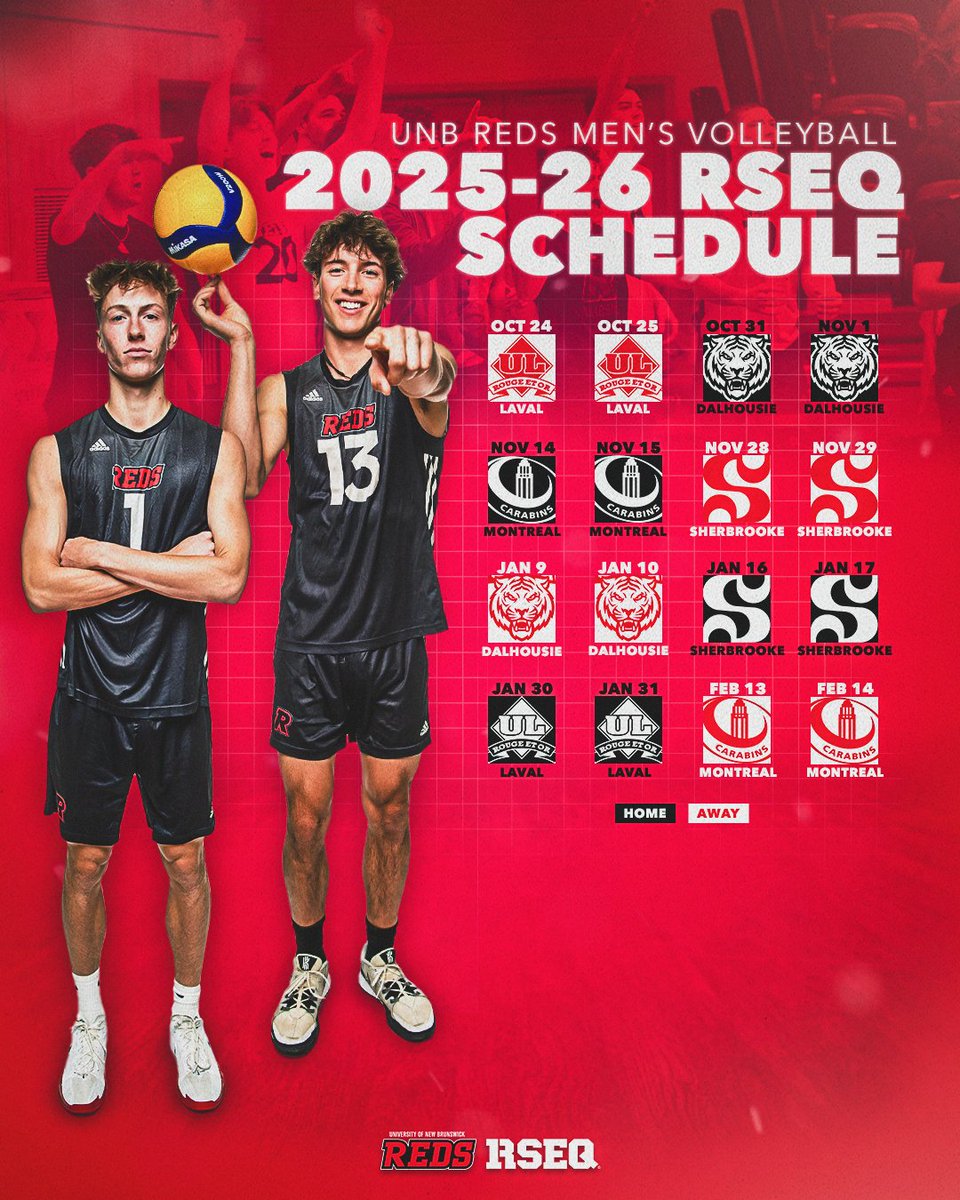 The wait is over!

Our 2025-26 RSEQ Men’s Volleyball schedule is here🏐 

<a href="/unb_mvb/">UNB REDS Men's Volleyball</a> | #goredsgo