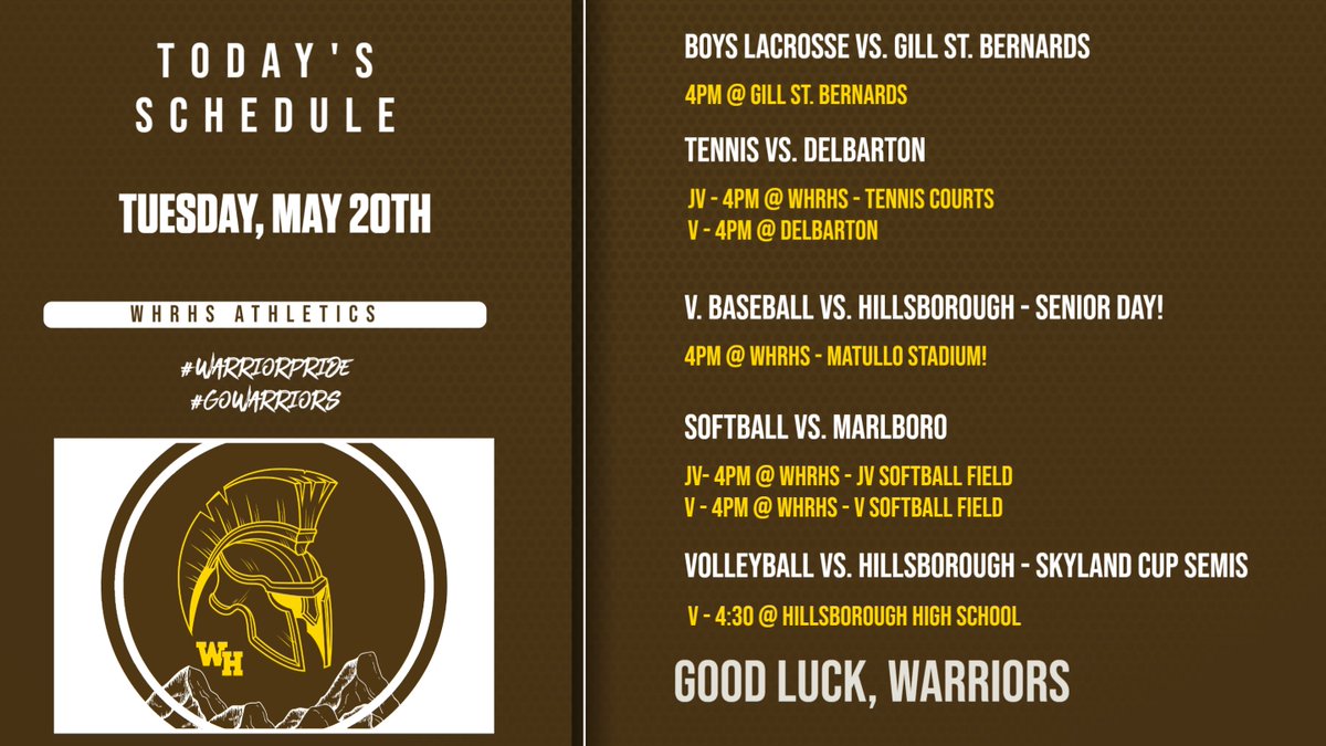 WHRHS Athletics (@whrhs_athletics) on Twitter photo Today's Athletic Schedule. Good luck, Warriors! <a href="/WarrenTAP/">Warren TAP</a> <a href="/whrhs_district/">Watchung Hills Regional High School</a> Today's Athletic Schedule. Good luck, Warriors! <a href="/WarrenTAP/">Warren TAP</a> <a href="/whrhs_district/">Watchung Hills Regional High School</a>