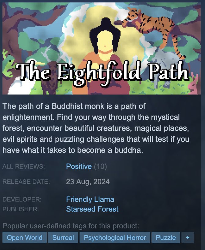 LlamaFriendly's tweet photo. Just realized that our game The Eightfold Path has “Positive” reviews on Steam 🥹

Thanks to everyone who helped make this happen! 🪷🧘

#indiegame #indiedevs #indiegamedev #buddha #buddhism #meditation #zen https://t.co/IaEPombhhM