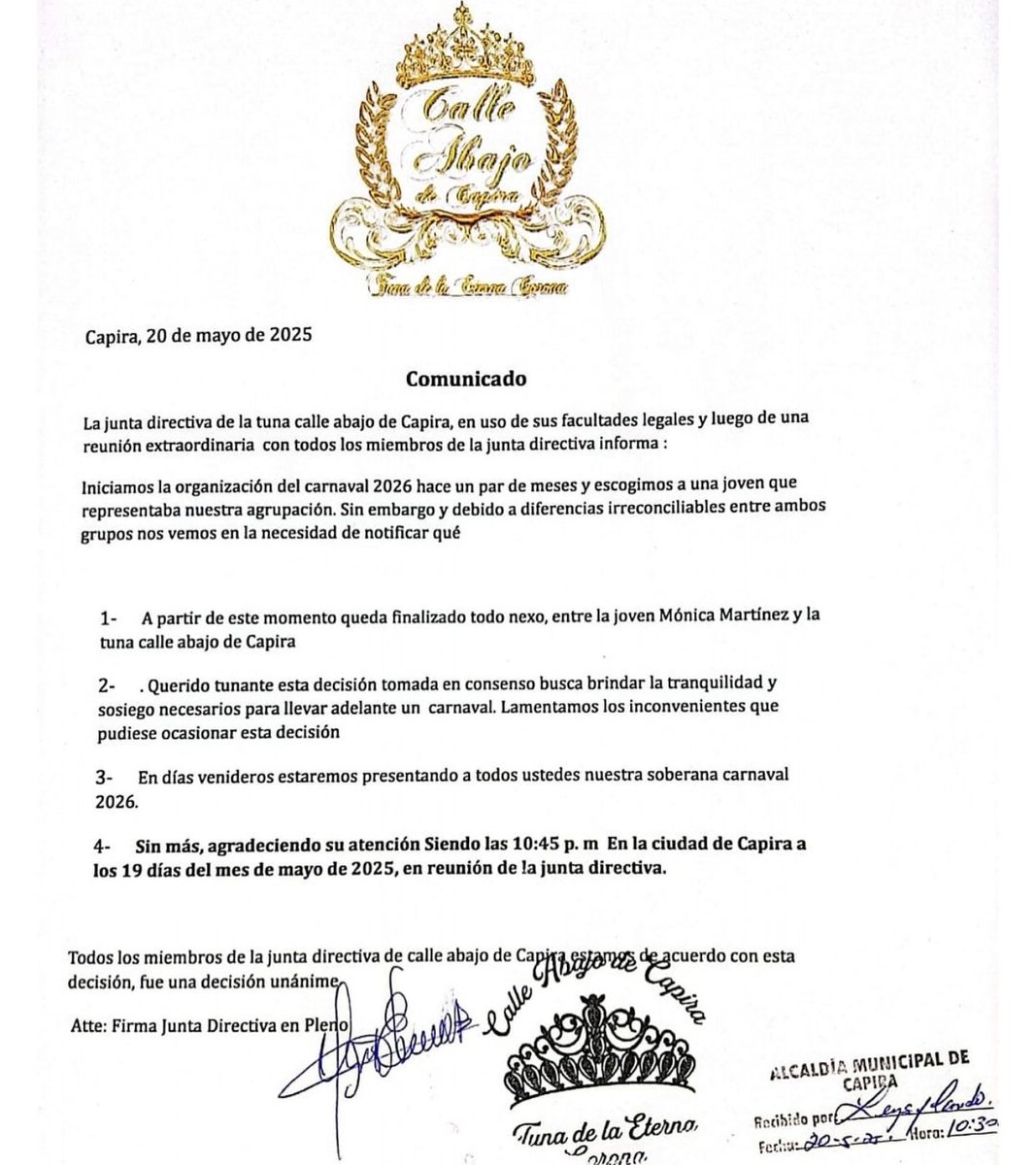 COMUNICADO URGENTE🔴 La tuna de Calle Abajo de Capira anuncia la desvinculación de Mónica Martínez, quien fuera proclamada reina 2026.

Se espera un nuevo anuncio de quien será la reina para el próximo año.