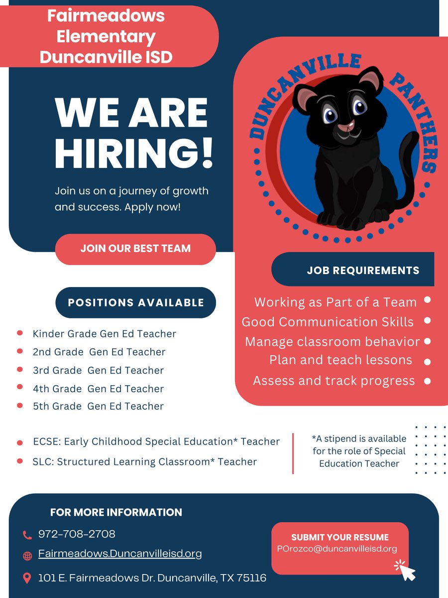 🌟 We're hiring at Fairmeadows Elementary in Duncanville ISD! 🌟
Join an inclusive, innovative campus that fosters independence, entrepreneurship, and academic excellence.
We're looking for passionate educators ready to grow and lead.
#EducationJobs #LeadWithImpact