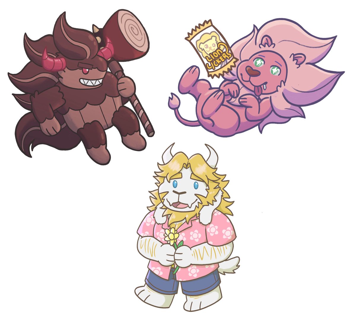 bakaroni_san's tweet photo. Here are some sticker designs for Schwarzwalder, Lion and Asgore I did recently for cons!

Sorry for inactivity, I didn’t think I had anything worth posting 😅

#crk #StevenUniverse #undertale #DELTARUNE https://t.co/pV9tyHod1D