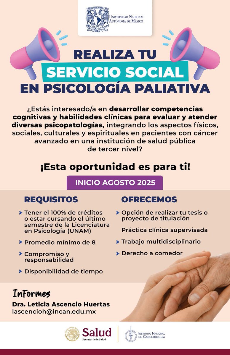 Instituto Nacional de Cancerología (@incanmx) on Twitter photo ✨ Servicio Social en Psicología Paliativa
🩺 Atención a pacientes con cáncer
🎓 Último semestre, promedio mínimo de 8
📩 Informes: lascencioh@incan.edu.mx
#PsicologíaPaliativa #ServicioSocialINCan ✨ Servicio Social en Psicología Paliativa
🩺 Atención a pacientes con cáncer
🎓 Último semestre, promedio mínimo de 8
📩 Informes: lascencioh@incan.edu.mx
#PsicologíaPaliativa #ServicioSocialINCan