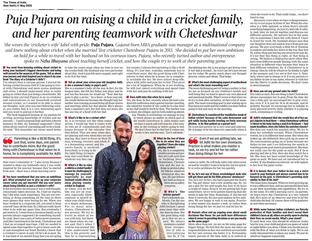 HarperCollins (@harpercollinsin) on Twitter photo ‘The book happened because of my passion for writing, growing knowledge of cricket and my journals—I used to journal daily and have a decent memory. In 2022, my husband suggested I channelise all my years of journaling and write a book.’
#PujaPujara speaks with <a href="/timesofindia/">The Times Of India</a> ‘The book happened because of my passion for writing, growing knowledge of cricket and my journals—I used to journal daily and have a decent memory. In 2022, my husband suggested I channelise all my years of journaling and write a book.’
#PujaPujara speaks with <a href="/timesofindia/">The Times Of India</a>