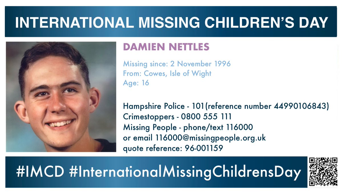 MisPersSupport's tweet photo. Damien Nettles was 16 years old when he went missing on 2 November 1996 from Cowes, Isle of Wight #DamienNettles #IMCD #InternationalMissingChildrensDay #MissingPersonsSupport @Valnettles1 https://t.co/9e88EerAct