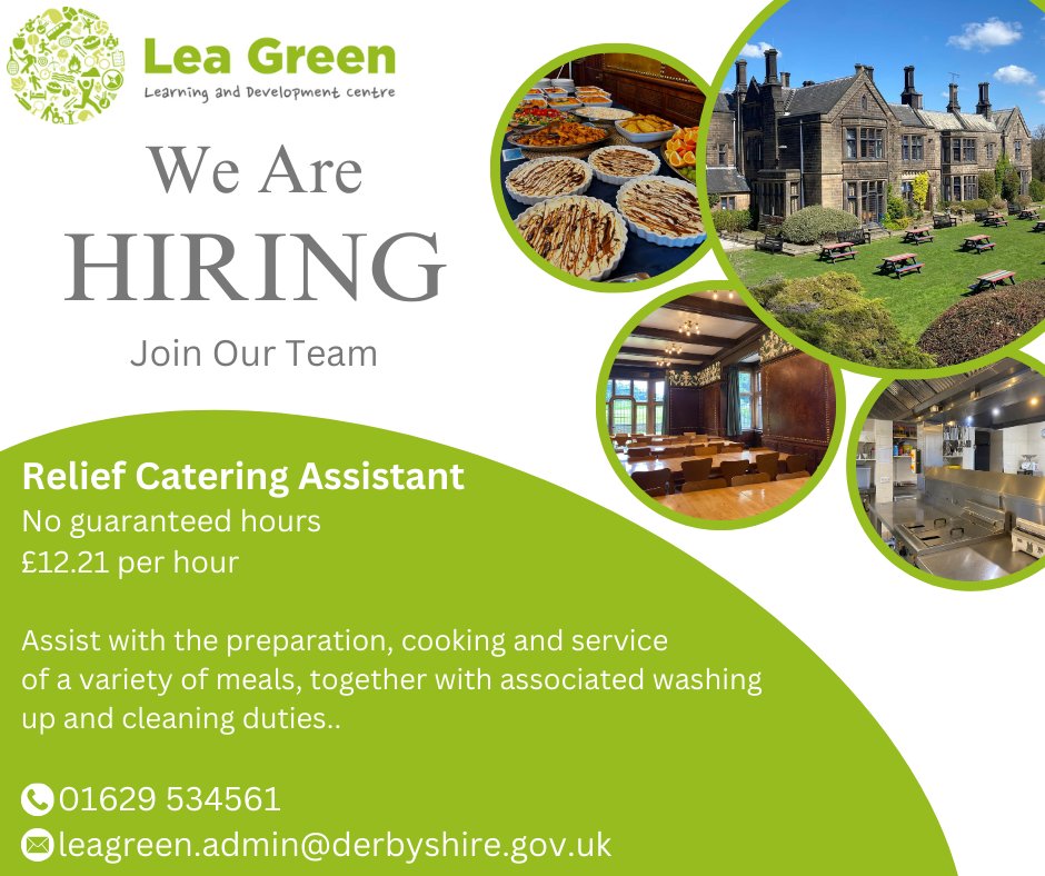 Lea Green Centre (@leagreencentre) on Twitter photo 📣 Job Opportunity 📣
We are looking for a relief catering assistant to join our team.
For more information and to apply for this role, visit Derbyshire Jobs at jobs.derbyshire.gov.uk/catering-child…
☎️ 01629 534561
📧 leagreen.admin@derbyshire.gov.uk 📣 Job Opportunity 📣
We are looking for a relief catering assistant to join our team.
For more information and to apply for this role, visit Derbyshire Jobs at jobs.derbyshire.gov.uk/catering-child…
☎️ 01629 534561
📧 leagreen.admin@derbyshire.gov.uk