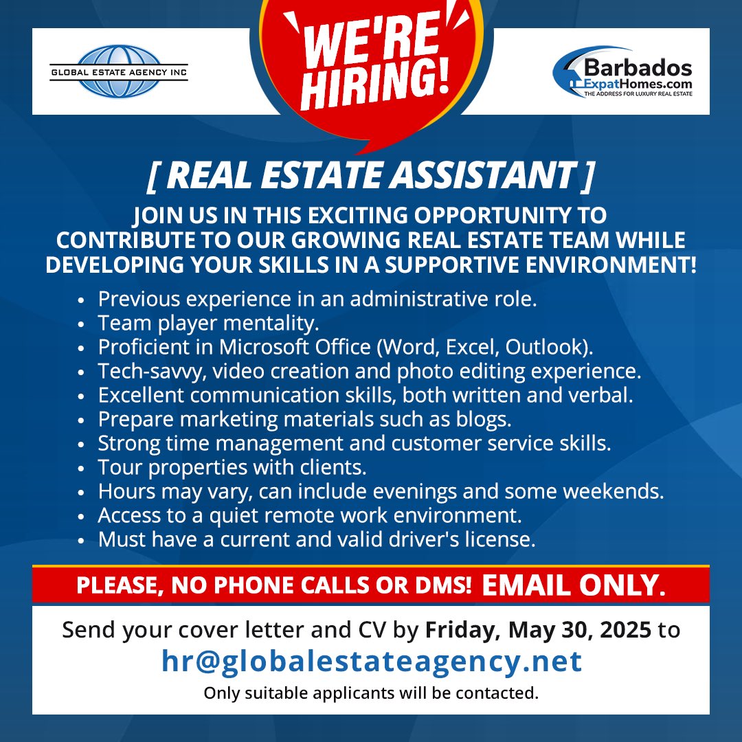Got what it takes to join The Dream Team⁉️

Open the door to your new job and join The Dream Team at Global Estate Agency Inc.😊⁣⁣ 

#barbados #vacancy #jobopportunity #barbadosjobs #barbadosrealestate