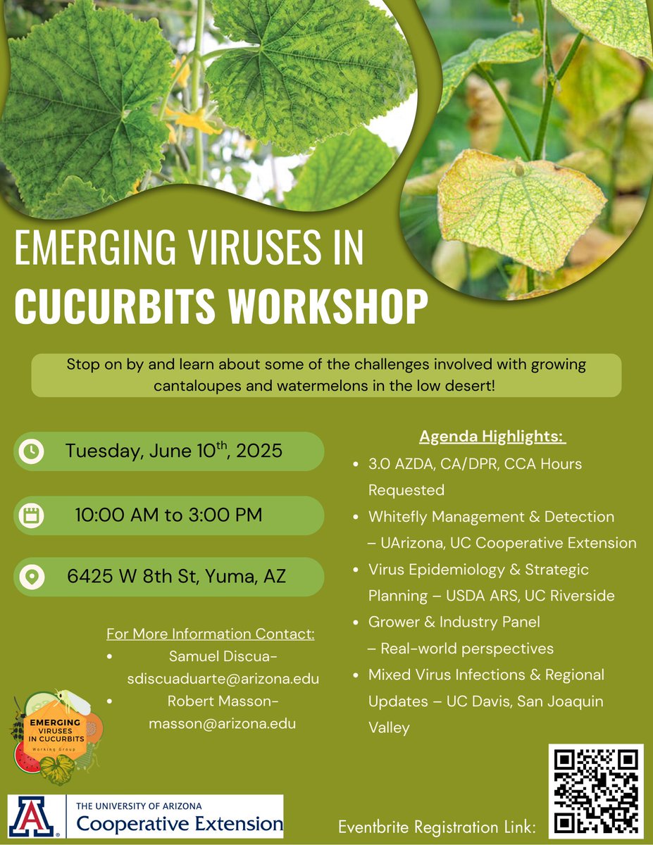 Join us at the Yuma Agricultural Center for a day full of research-driven discussions and insights!

This workshop will bring together industry experts to share cutting-edge research and management strategies for emerging viral threats to cucurbit crops in the Desert Southwest.
