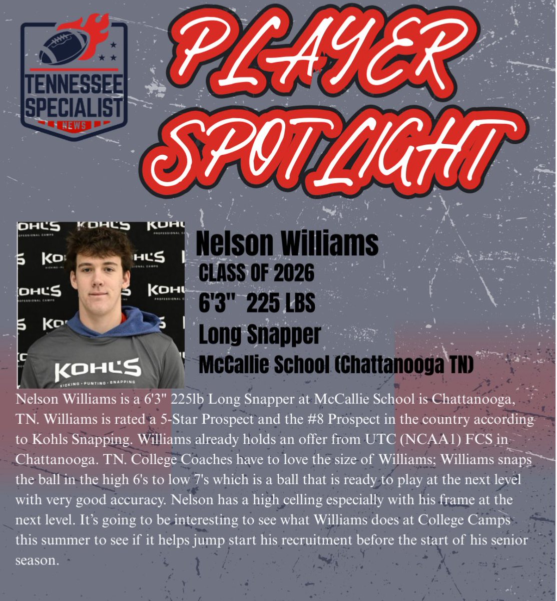 Tennessee Specialist News (@specialistnews) on Twitter photo Nelson Williams 2026 Long Snapper <a href="/nelsonwilliamss/">nelson williams</a>
<a href="/KohlsKicking/">Kohl's Kicking Camps</a>
<a href="/MainStreetPreps/">Main Street Preps</a>
<a href="/615Preps/">615 Preps</a>
<a href="/sports_bk/">Blaine Kellar</a>
<a href="/joe_spears7/">Joe Spears🏈🏀</a>
<a href="/Cville_Sports/">George Robinson</a> Nelson Williams 2026 Long Snapper <a href="/nelsonwilliamss/">nelson williams</a>
<a href="/KohlsKicking/">Kohl's Kicking Camps</a>
<a href="/MainStreetPreps/">Main Street Preps</a>
<a href="/615Preps/">615 Preps</a>
<a href="/sports_bk/">Blaine Kellar</a>
<a href="/joe_spears7/">Joe Spears🏈🏀</a>
<a href="/Cville_Sports/">George Robinson</a>